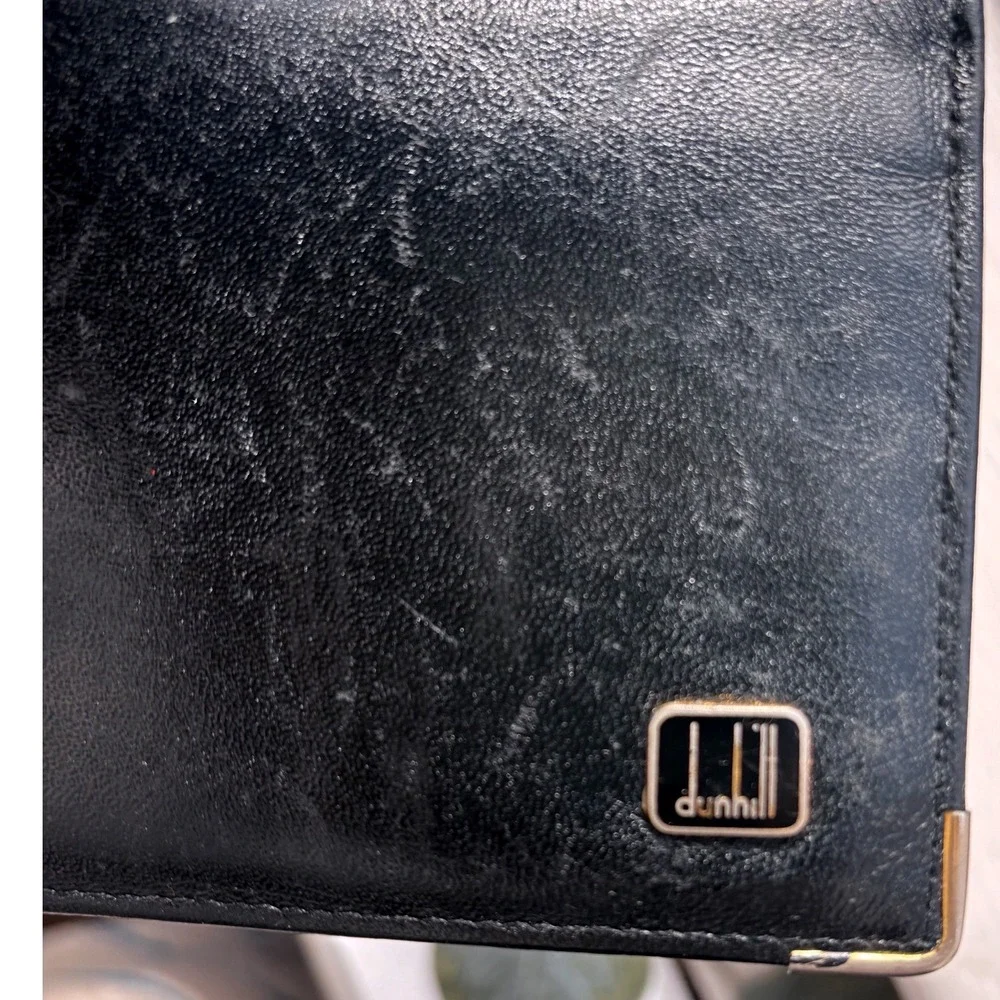 Dunhill Black Leather Long Bifold Wallet Gold Corner Accents Vintage Mens